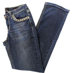 Earl Jeans, slightly distressed, med blue, slim boot cut, heavily embellished 6